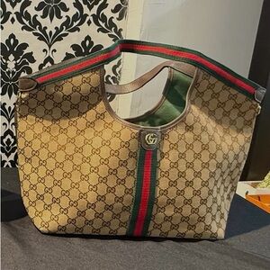 Gucci Beige Tote with Green and Red Stripes